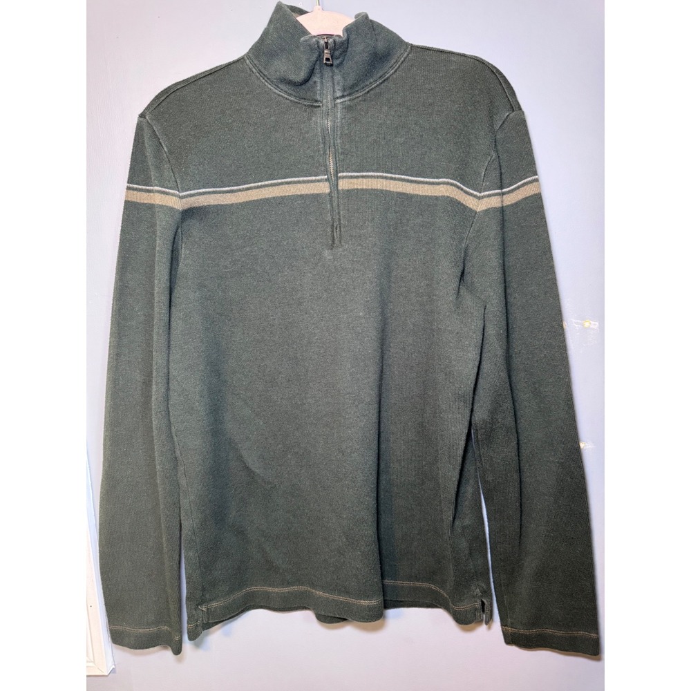 Banana Republic Mens M Olive Green Cotton Quarter Zip Pullover Sweater Stripe